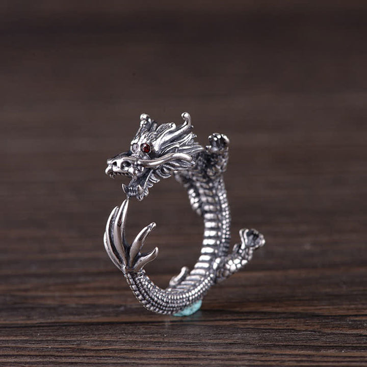 Anello di protezione della fortuna del drago in argento sterling 925 Buddha Stones
