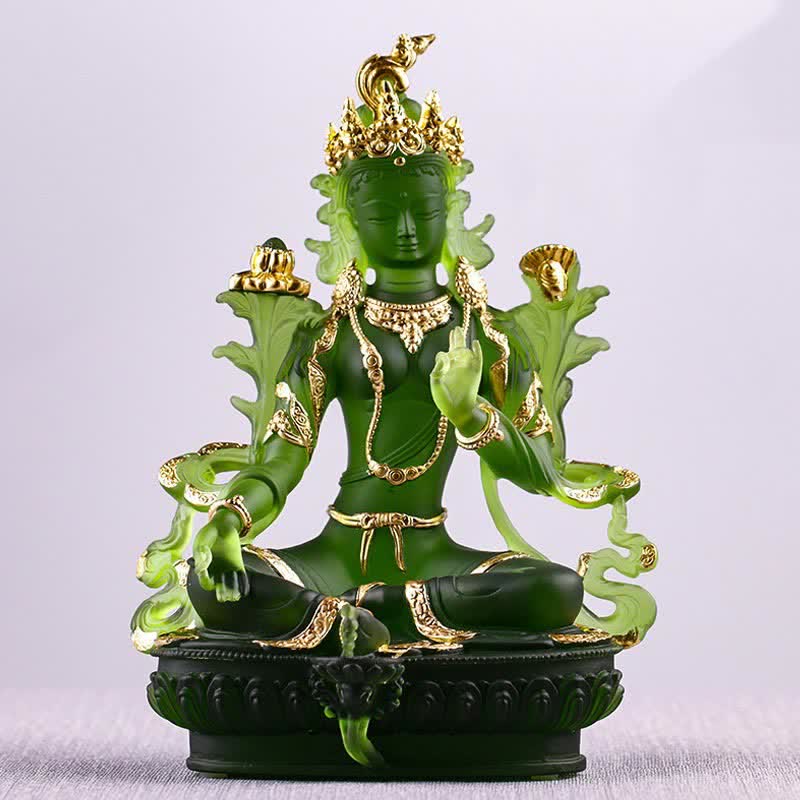 Buddha Stones Bodhisattva Tara Verde Fatto a Mano Liuli Cristallo Arte Pezzo Protezione Casa Ufficio Statua Decorazione