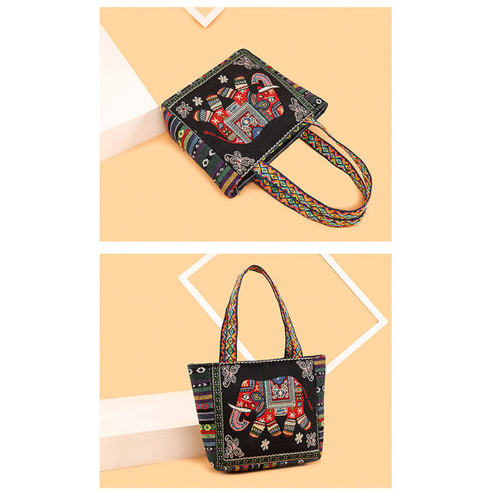 Borsa a tracolla in tela di grande capacità ricamata con elefante e farfalla , Buddha Stones