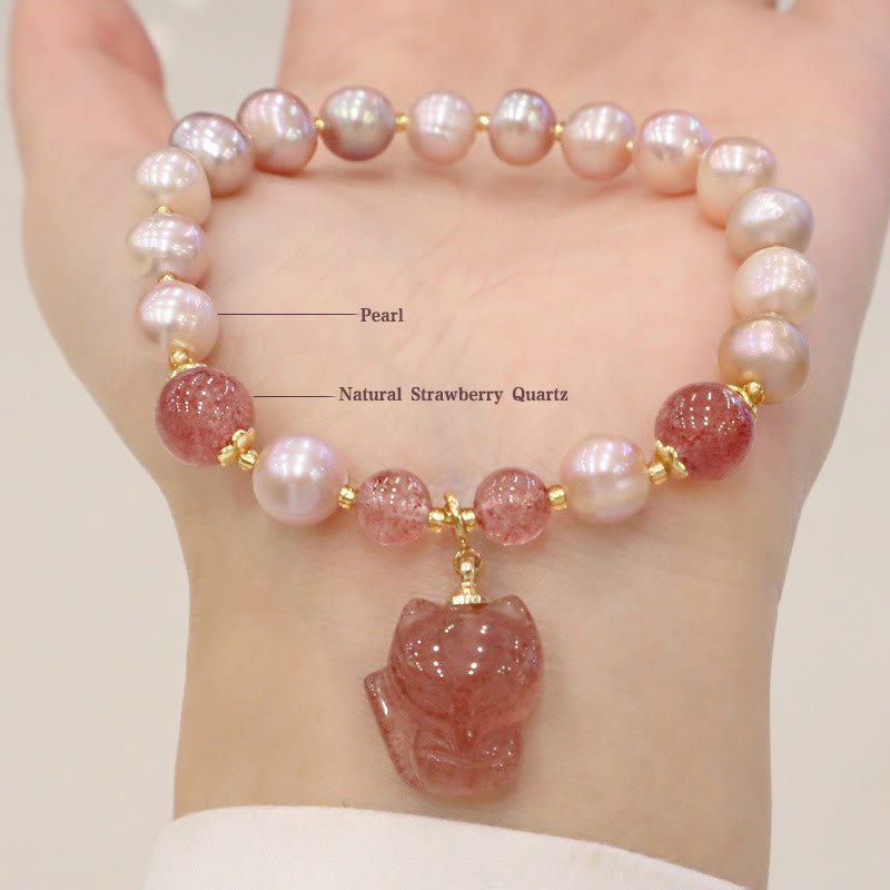 Braccialetto con ciondolo guarigione amore volpe carina perla naturale quarzo fragola Buddha Stones