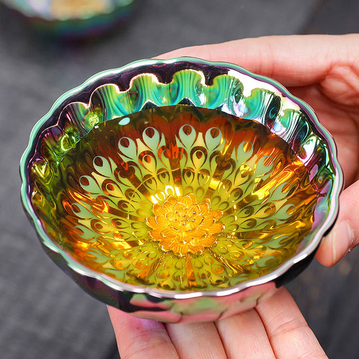 Buddha Stones Pavone vivido Loto intarsiato Design colorato Tazza da tè in ceramica cinese Jianzhan Tazza da tè Kung Fu