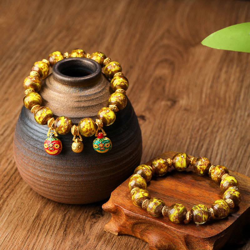 Buddha Stones Oro Deglutizione Bestia Famiglia Ciondolo Liuli Perline di Vetro Braccialetto della Fortuna