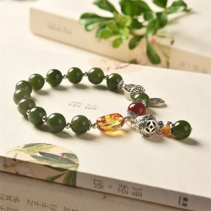 Bracciale Buddha Stones 925 Sterling Silver Hetian Cyan Jade Zucca Ambra Successo