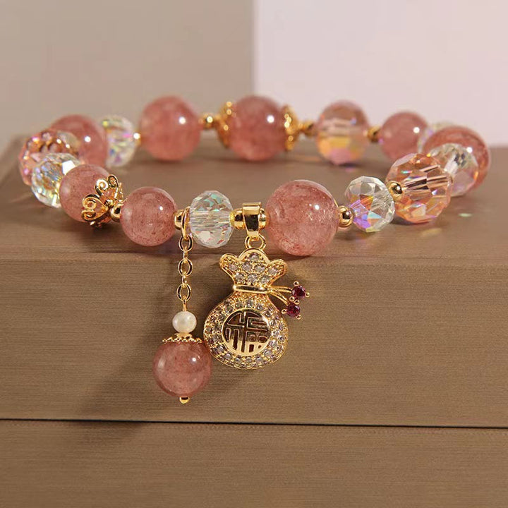 Braccialetto positivo con ciondolo a forma di sacchetto di denaro in cristallo di quarzo fragola naturale Buddha Stones