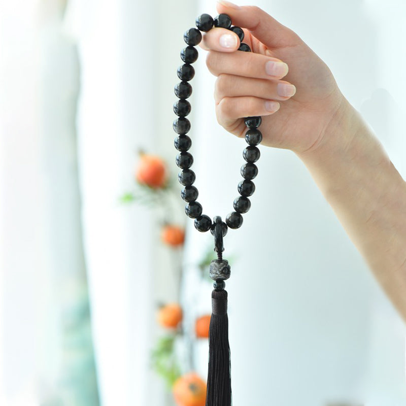 Buddha Stones Argento naturale Ossidiana lucente Leone Mala da polso Protezione Nappe Mala tascabile Decorazione per auto