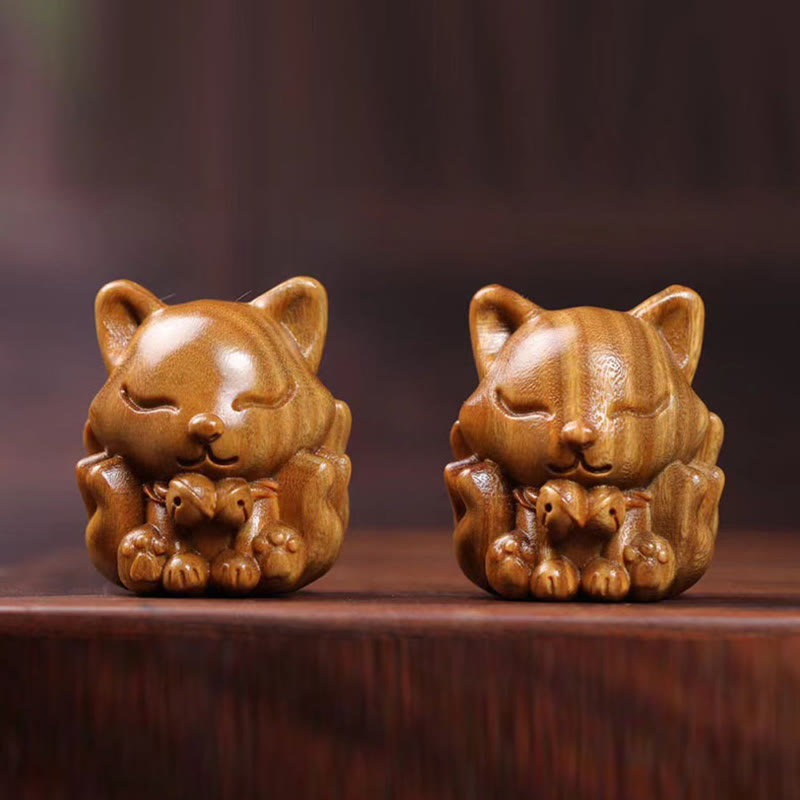Buddha Stones Mini Volpe a nove code Avorio Frutto Sandalo Sandalo verde Decorazione di benedizione