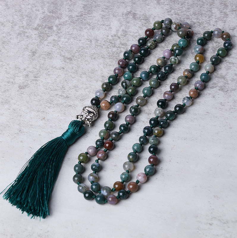 Buddha Stones 108 Mala Beads Braccialetto di purificazione della testa del Buddha in agata indiana