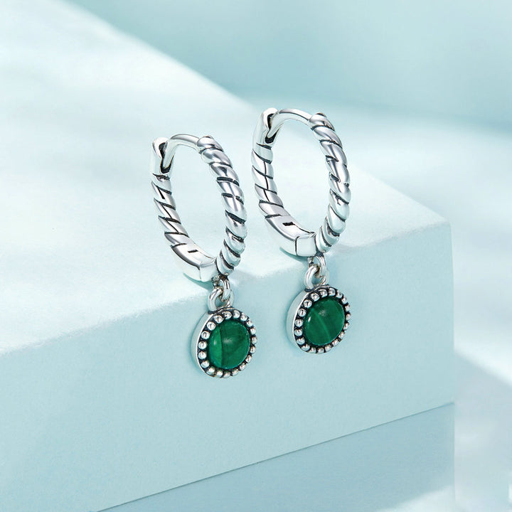 Orecchini pendenti anti-ansia in argento sterling 925 con malachite rotonda