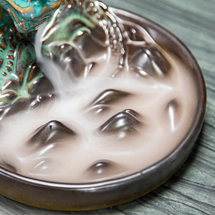 Bruciatore di incenso con fontana di fumo a riflusso in ceramica con motivo a drago, decorazione