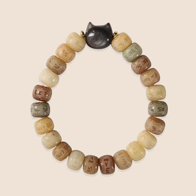 Buddha Stones Semi di Bodhi Argento Lucentezza Ossidiana Testa di Gatto Om Mani Padme Hum Braccialetto Armonia Inciso - image 6