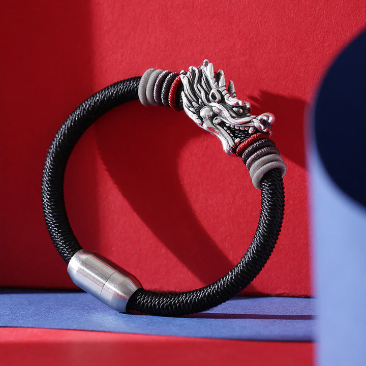 Braccialetto Buddha Stones 999 Sterling Silver Dragon Luck fatto a mano intrecciato per bambini e adulti