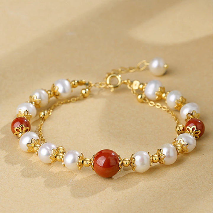 Bracciale a catena a doppio strato con perle di cinabro e argento sterling 925 Buddha Stones