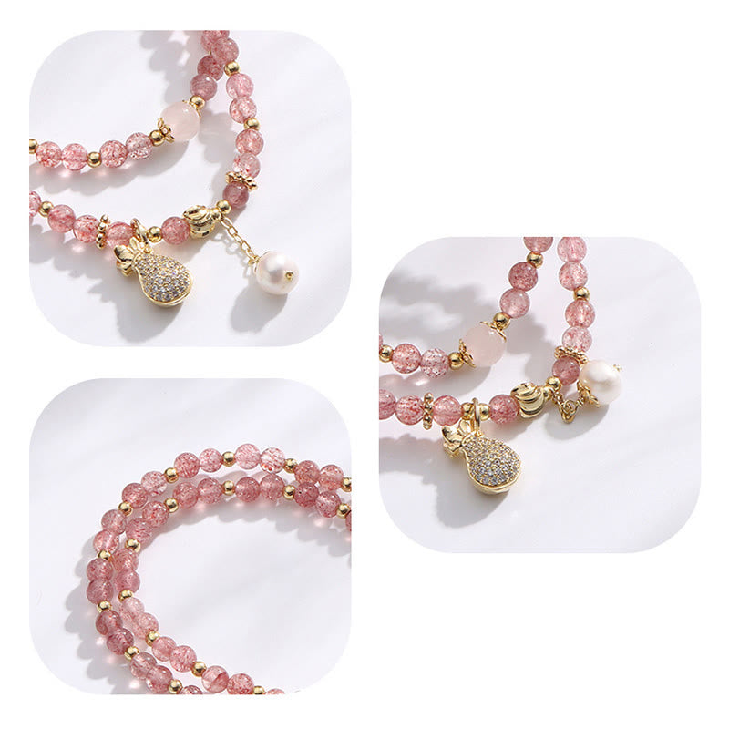 Braccialetto a doppio giro con ciondolo positivo Buddha Stones Strawberry Quartz Money Bag