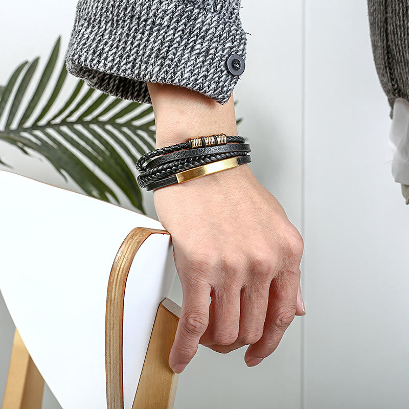 Bracciale con fibbia magnetica intrecciata in acciaio al titanio multistrato in pelle Buddha Stones