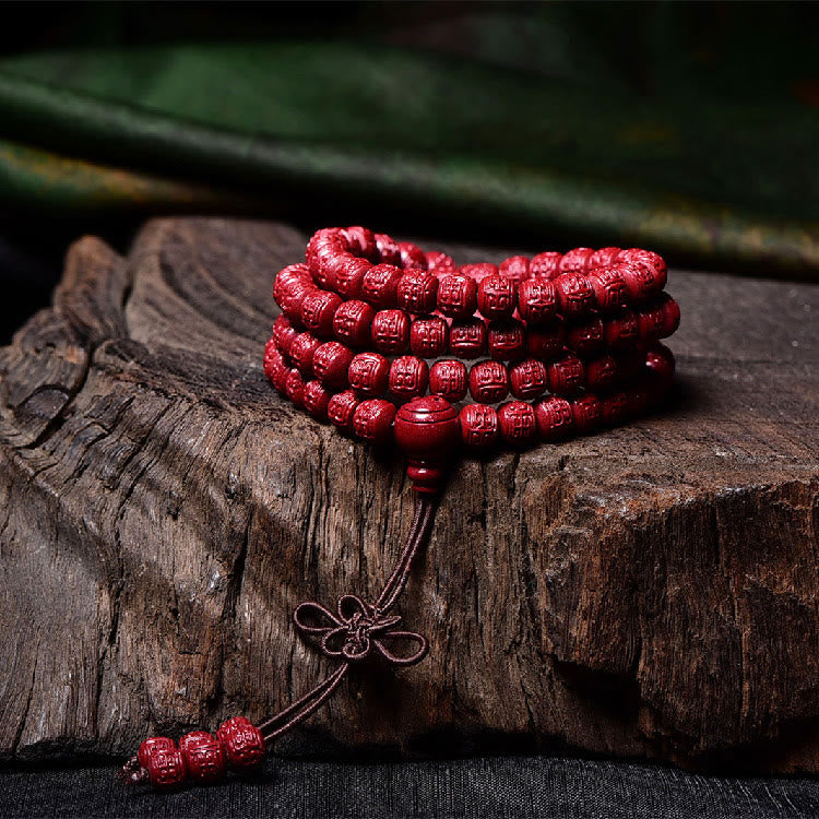 Buddha Stones 108 Mala Beads Cinnabar Om Mani Padme Hum Pattern Braccialetto di benedizione inciso