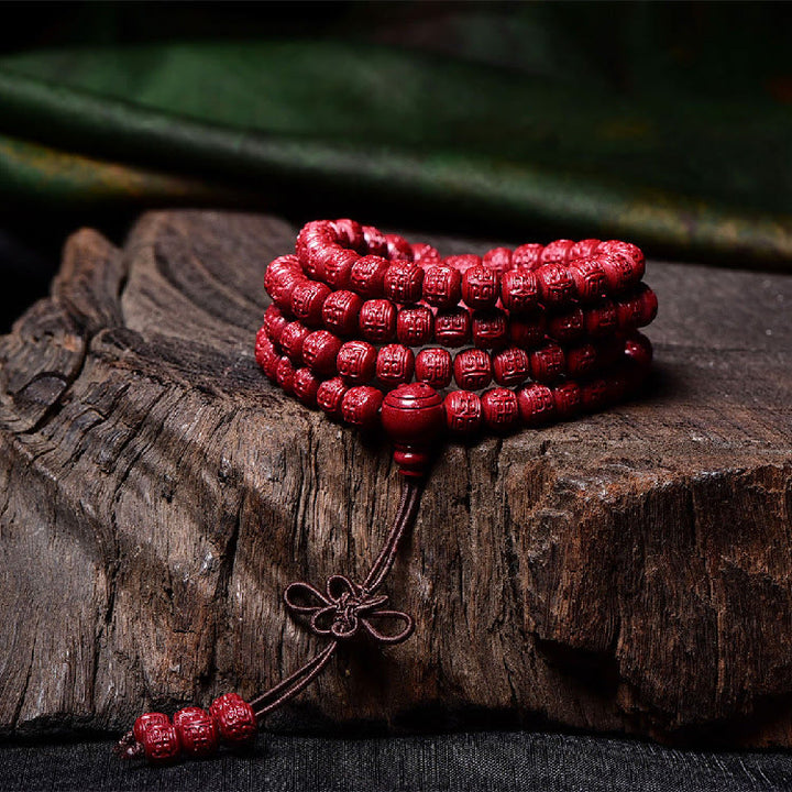 Buddha Stones 108 Mala Beads Cinnabar Om Mani Padme Hum Pattern Braccialetto di benedizione inciso