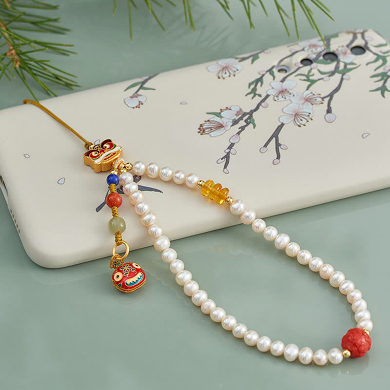 Buddha Stones Perla naturale Cinabro Borsa per soldi Campana Oro Bestia che deglutisce Leone danzante Guarigione Telefono Decorazione appesa