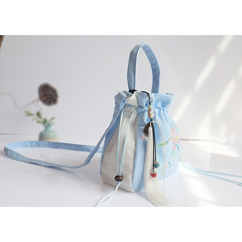 Borsa a tracolla in tela con fiori ricamati a mano con Buddha Stones