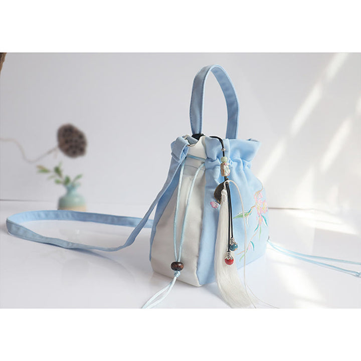 Borsa a tracolla in tela con fiori ricamati a mano con Buddha Stones