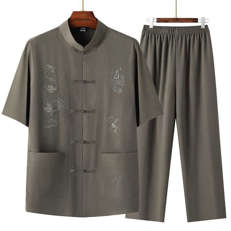 Buddha Stones Tang Suit Hanfu Drago Cinese Tradizionale Kung Fu Uniforme Manica Corta Top e Pantaloni Abbigliamento Uomo Set - Verde militare - US/UK/AU44, EU54 (4XL) - image 2