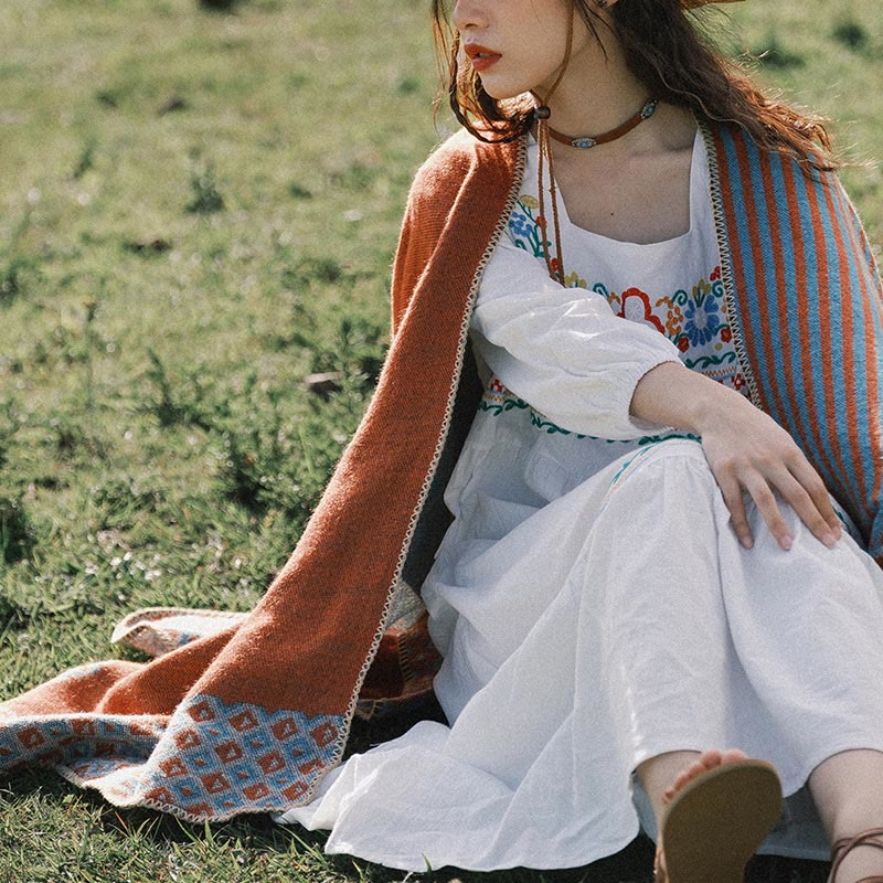 Buddha Stones tibetano con motivo a rombi a righe, sciarpa calda e morbida invernale