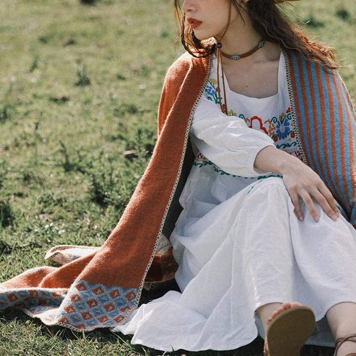 Buddha Stones tibetano con motivo a rombi a righe, sciarpa calda e morbida invernale