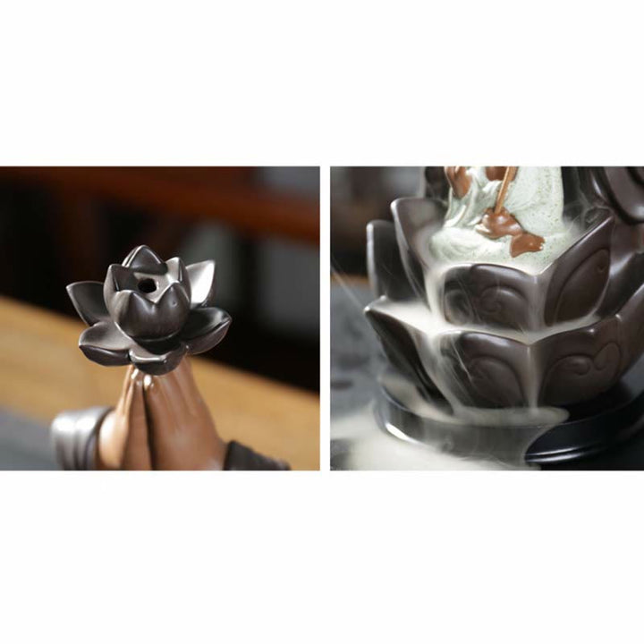 Buddha Avalokitesvara Chenrezig Ksitigarbha Ceramica Loto Benedizione Bruciatore di Incenso a Flusso Inverso