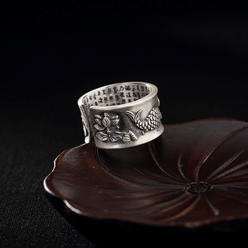Anello Buddha Stones 999 Sterling Silver Luck Koi Fish Lotus Heart Sutra Wealth