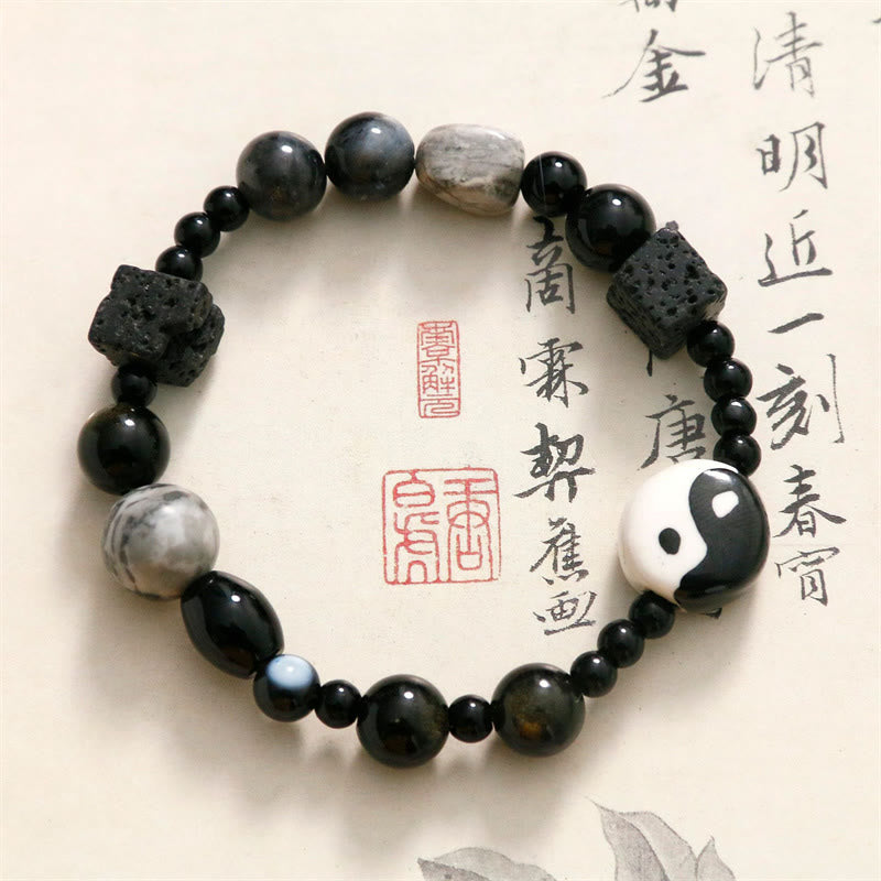 Braccialetto di protezione della fortuna Yin Yang con perline di diaspro Picasso in onice nero Buddha Stones - image 1