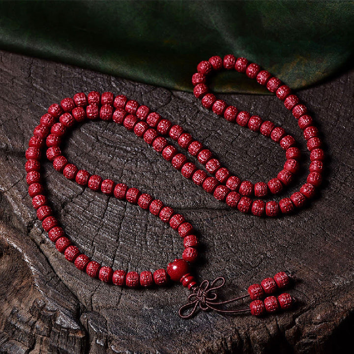 Buddha Stones 108 Mala Beads Cinnabar Om Mani Padme Hum Pattern Braccialetto di benedizione inciso