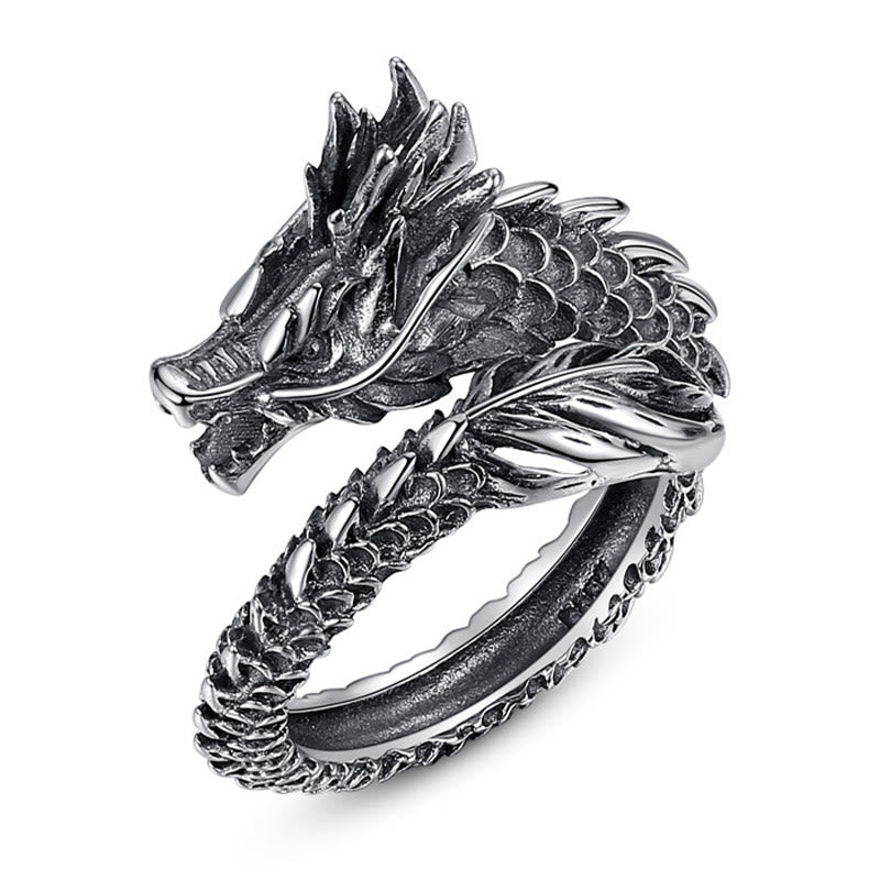 Anello regolabile Buddha Stones 925 Sterling Silver Vintage Dragon Success Protection Strength
