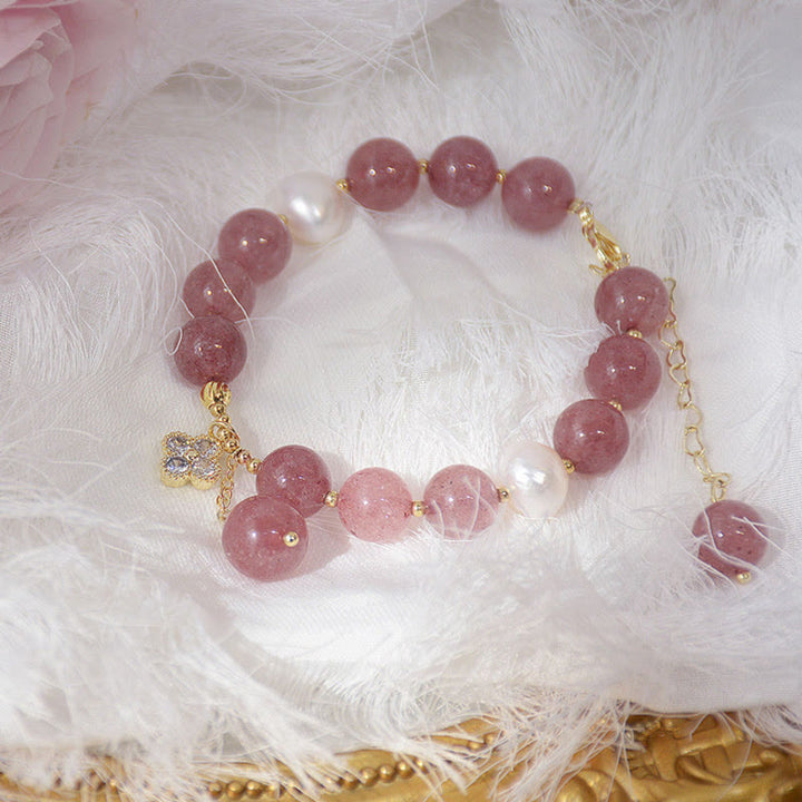 Braccialetto dell'amore con quadrifoglio a quattro foglie di perle di quarzo fragola naturale Buddha Stones