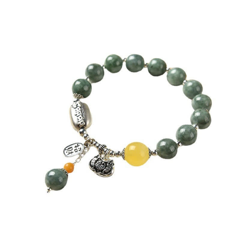 Bracciale Buddha Stones in argento sterling 925, giada ciano, ambra e successo