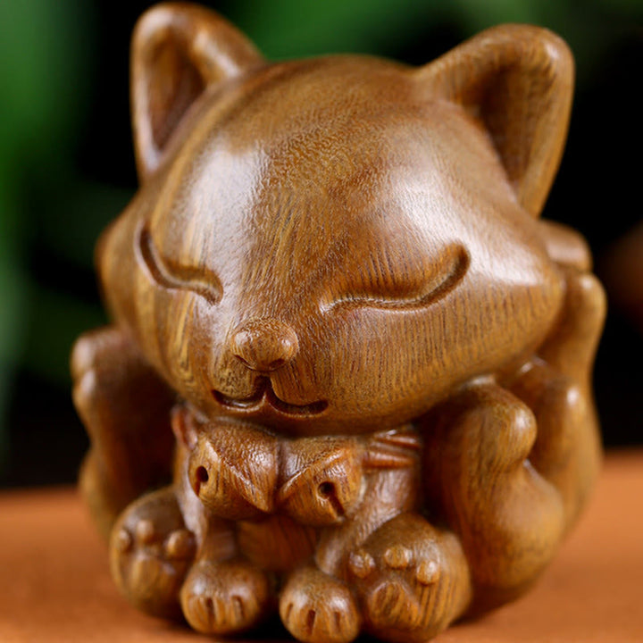 Buddha Stones Mini Volpe a nove code Avorio Frutto Sandalo Sandalo verde Decorazione di benedizione