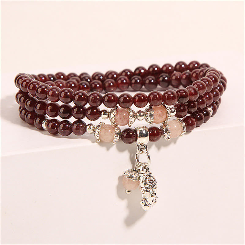 Braccialetto triplo giro con protezione PiXiu , Buddha Stones, granato naturale, quarzo fragola, fagiolini verdi