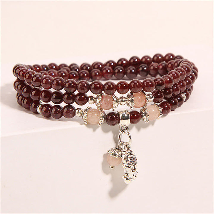 Braccialetto triplo giro con protezione PiXiu , Buddha Stones, granato naturale, quarzo fragola, fagiolini verdi