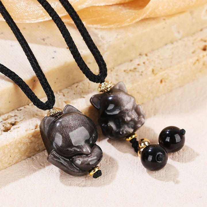 Collana con ciondolo di protezione a forma di volpe a nove code in ossidiana lucida d'argento naturale Buddha Stones