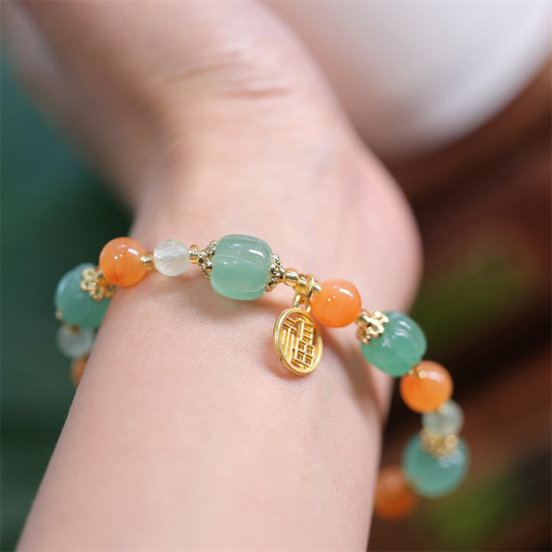 Buddha Stones Natural Golden Silk Jade Zucca Perlina Fu Carattere Charm Bracciale Ricchezza