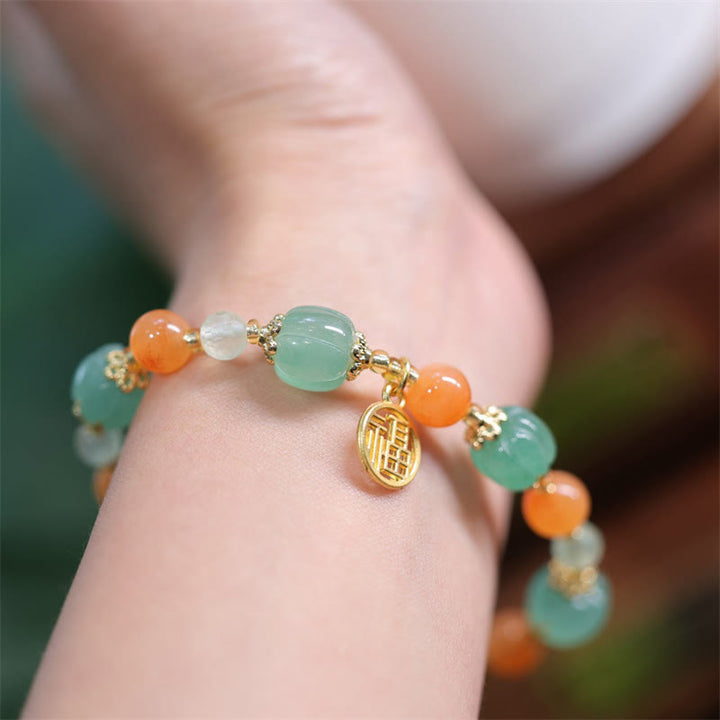 Buddha Stones Natural Golden Silk Jade Zucca Perlina Fu Carattere Charm Bracciale Ricchezza