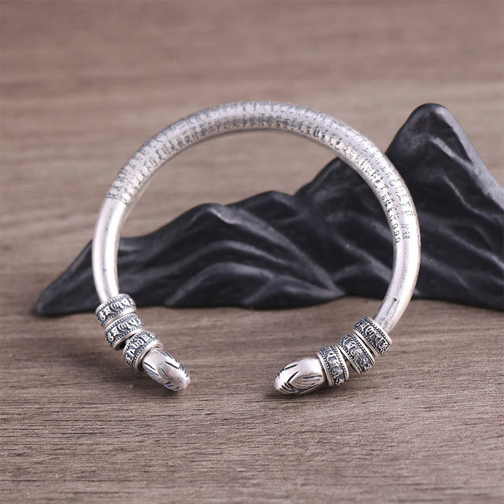 Buddha Stones 999 Sterling Silver Heart Sutra Om Mani Padme Hum Inciso Peace Purezza Bracciale Bangle - image 5