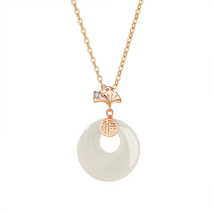 Buddha Stones Argento Sterling 925 Foglia di Ginkgo Farfalla Rosa Calcedonio Giada Hetian Fibbia della Pace Carattere Fu Collana Pendente Armonia
