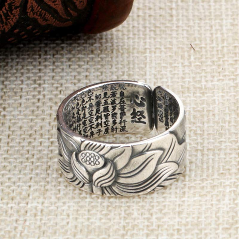Anello di protezione del sutra del cuore con simbolo del loto in argento sterling 999 Buddha Stones
