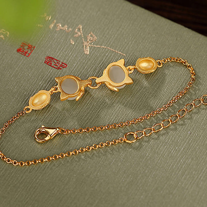 Braccialetto portafortuna con giada bianca naturale Hetian in argento sterling 925 Buddha Stones, giada ciano e volpe adorabile