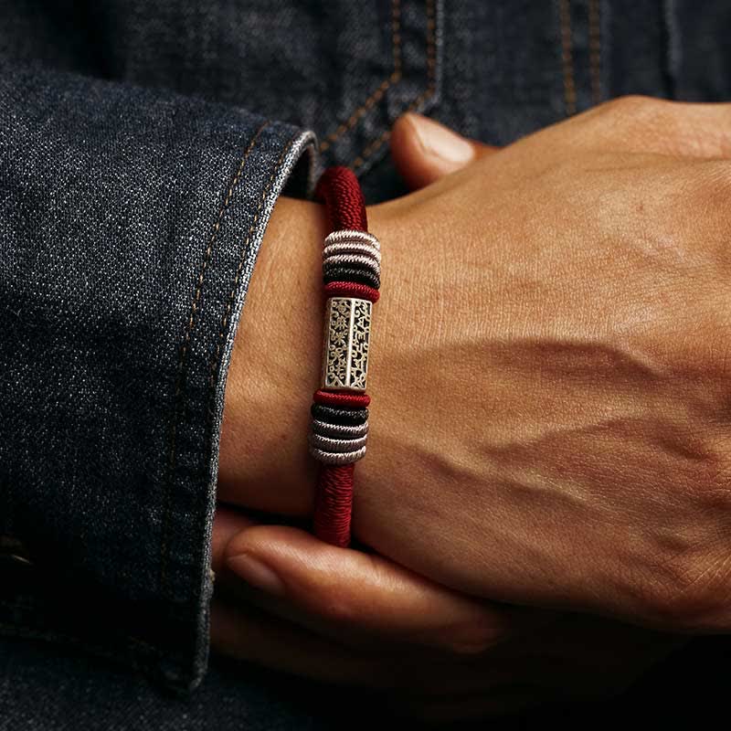 Bracciale Buddha Stones 925 Sterling Silver Om Mani Padme Hum Peace Red String