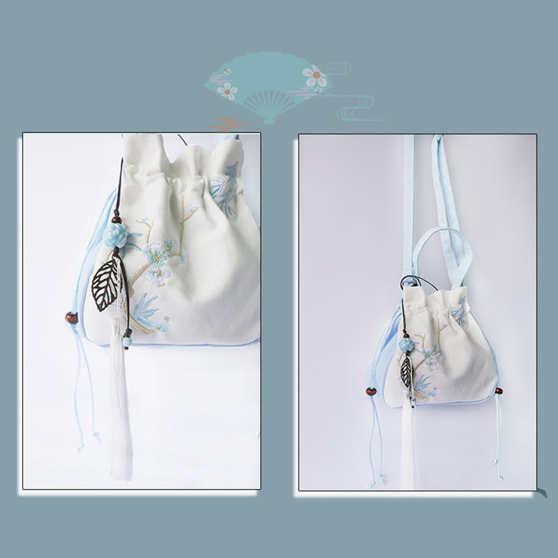 Borsa a tracolla in tela con fiori ricamati a mano con Buddha Stones