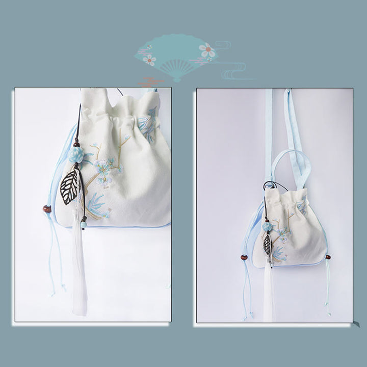 Borsa a tracolla in tela con fiori ricamati a mano con Buddha Stones