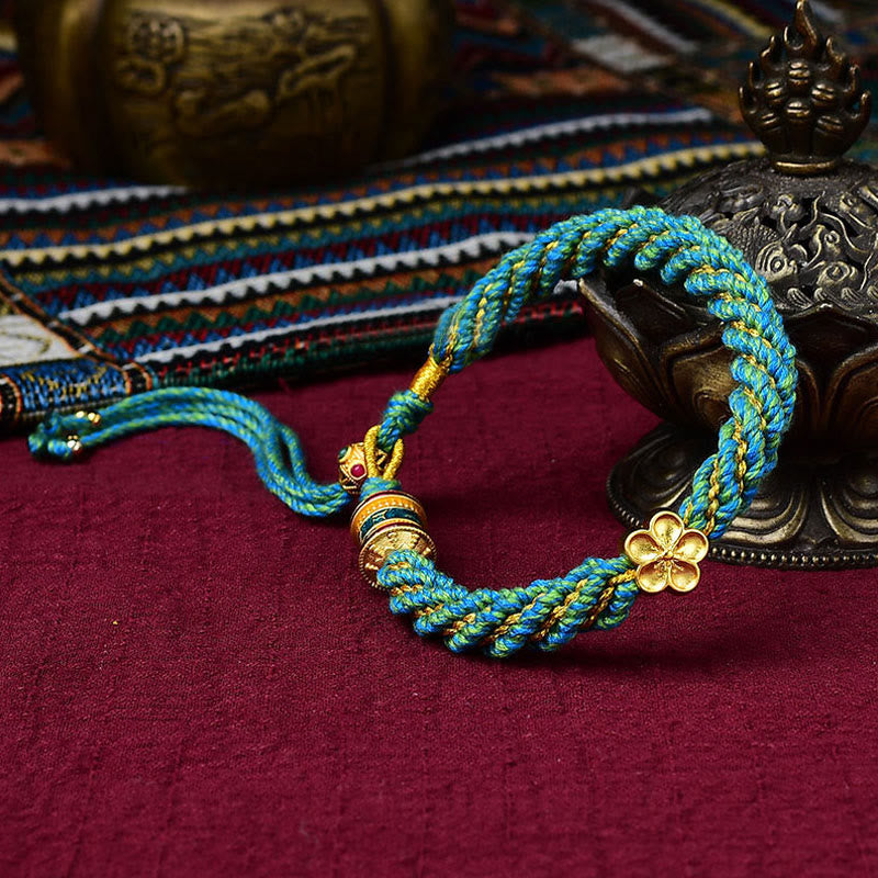 Buddha Stones Tibet Fatto a mano Cinque Dio della ricchezza Fortuna Thangka Amuleto Ruota della preghiera Fiore Ciondolo Braccialetto di corda intrecciata