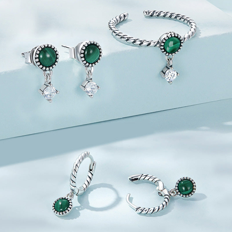 Orecchini pendenti anti-ansia in argento sterling 925 con malachite rotonda