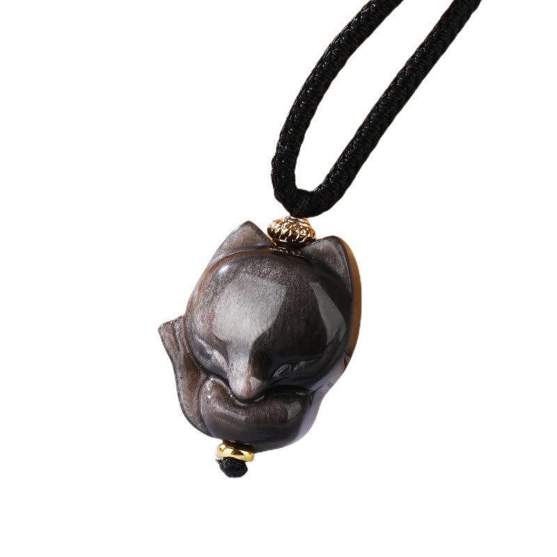 Collana con ciondolo di protezione a forma di volpe a nove code in ossidiana lucida d'argento naturale Buddha Stones