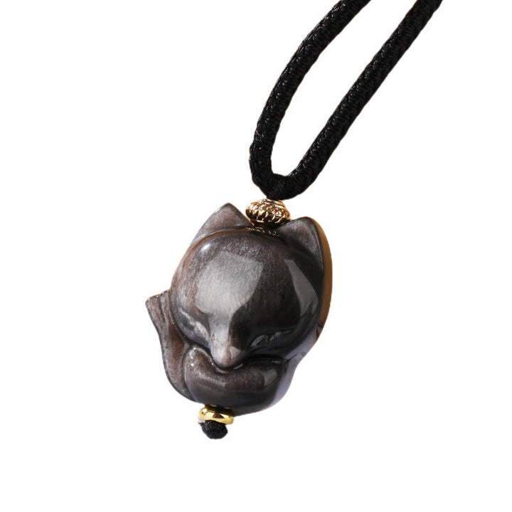 Collana con ciondolo di protezione a forma di volpe a nove code in ossidiana lucida d'argento naturale Buddha Stones